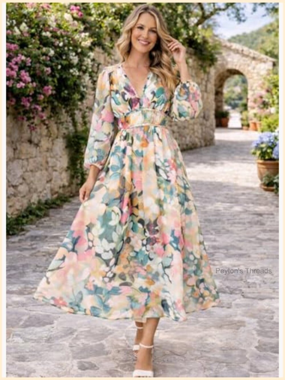 Elegant Wedding Guest Maxi Dress Long Sleeve V-Neck Puff Sleeve Boho Flowy - Picture 2 of 7